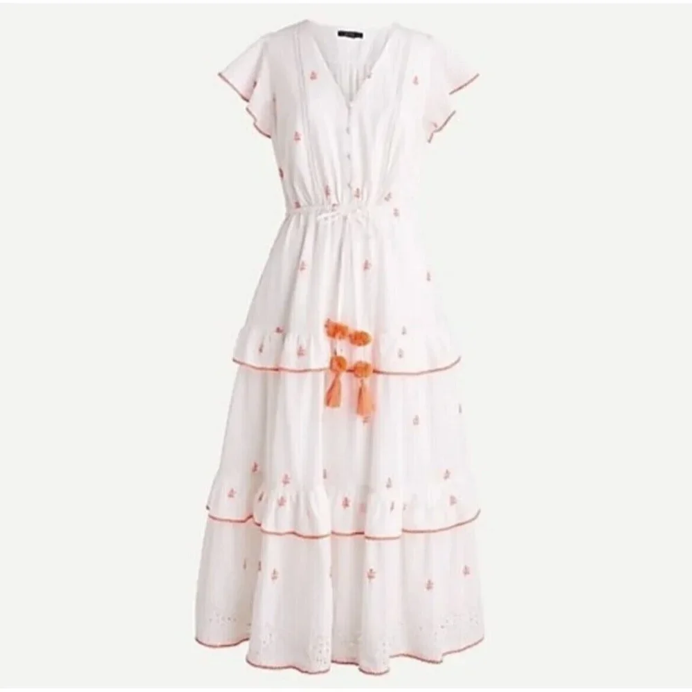 NWT J.Crew Embroidered Midi in White Cotton Voile Tiered Dress 10 $158